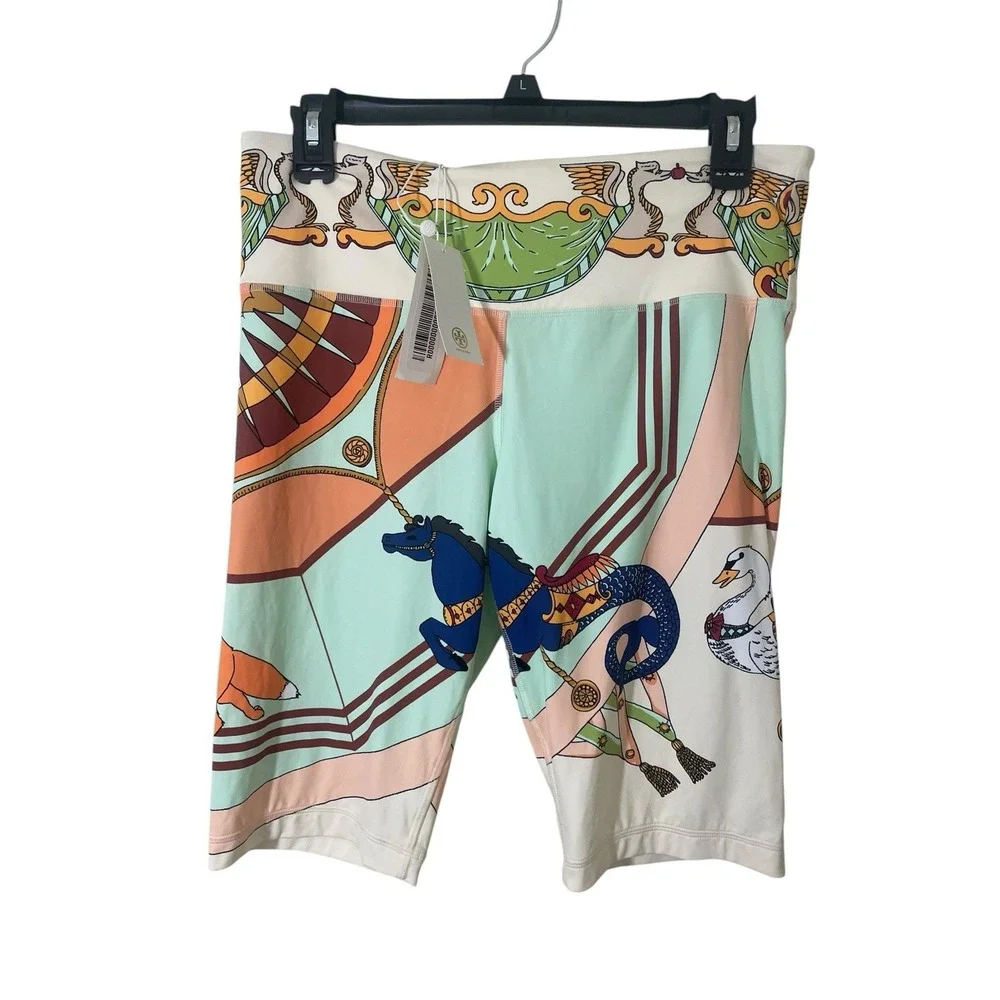 Tory Burch Rare Carousel Printed Silk Weightless Biker Shorts Large Animals NWT